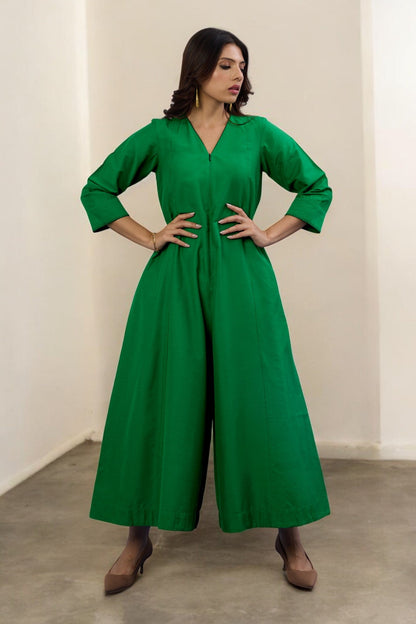 Maati Craft Gulabi Leafsong Green Silk Slub Front Zipper Jumpsuit with Pockets & Sleeves