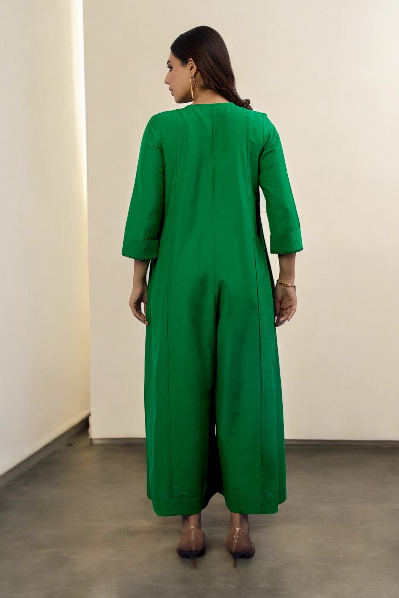 Maati Craft Gulabi Leafsong Green Silk Slub Front Zipper Jumpsuit with Pockets & Sleeves