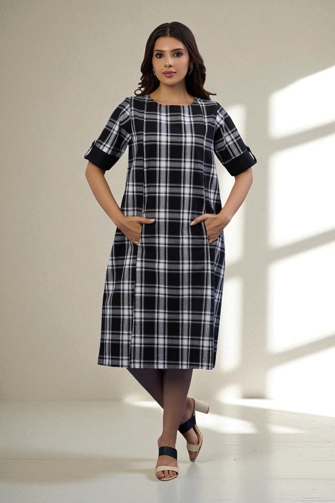 Eclipse Plaid Shift Dress With Pockets Mc