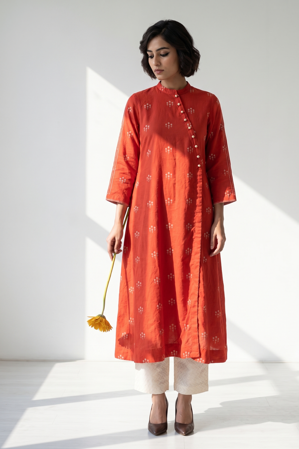 Orange Bloom Butti Cross Potli Angrakha Kurta Mc