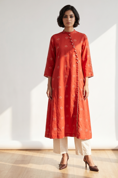 Orange Bloom Butti Cross Potli Angrakha Kurta Mc
