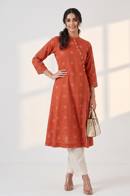 Orange Bloom Butti Cross Potli Angrakha Kurta Mc