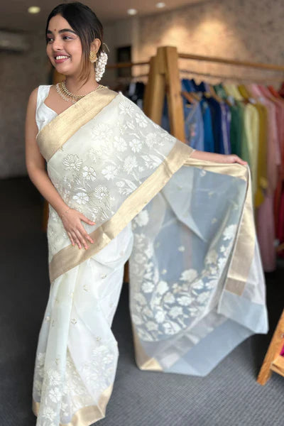 Organza saree with floral applique - Tara, Onam