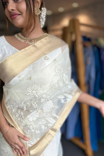 Organza saree with floral applique - Tara, Onam