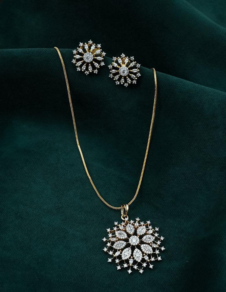 18K Gold-Tone Floral Crystal Pendant Necklace and Matching Earrings Set
