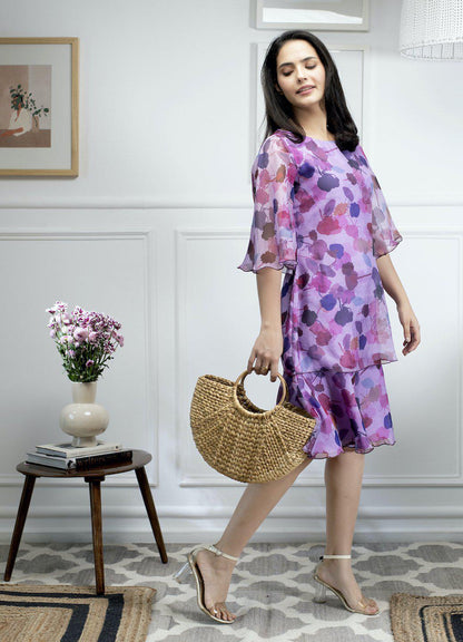 Floral Print A Line Dress - Lavender