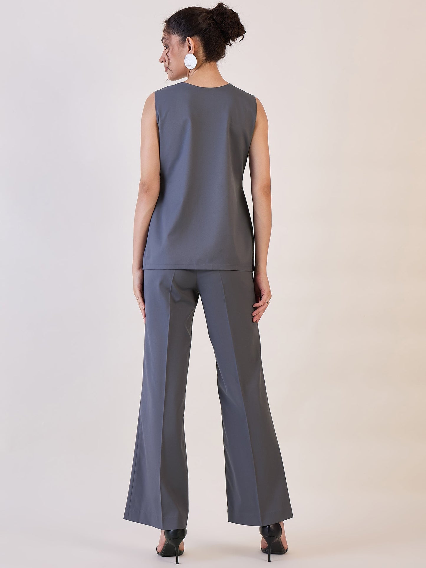 Grey Round Neck Top with Pin tuck Pants