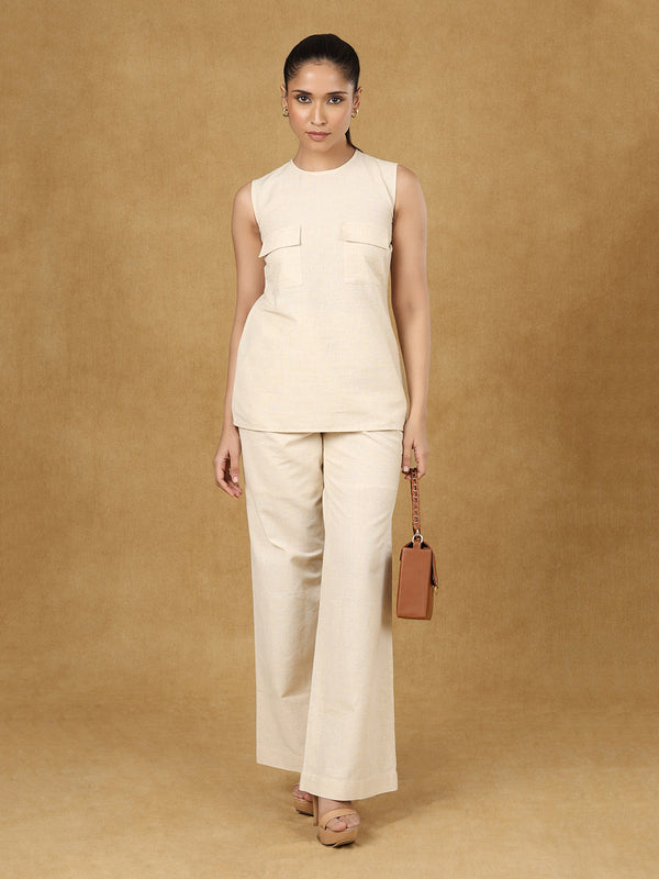 Off - White Cotton Linen Top With Trouser