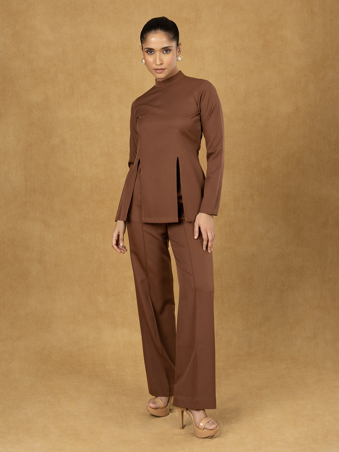 Brown Front Slit Top With Straight Trouser