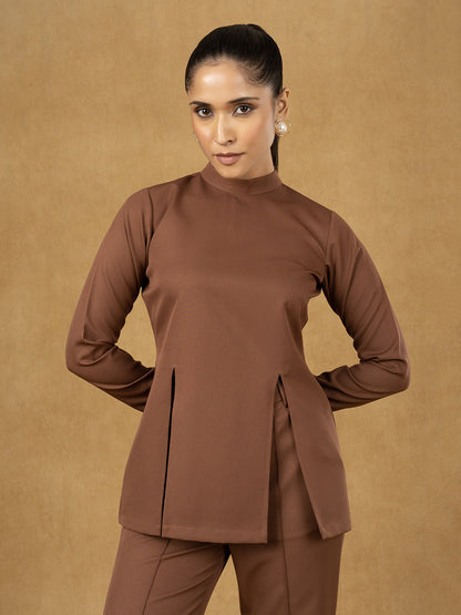 Brown Front Slit Top With Straight Trouser