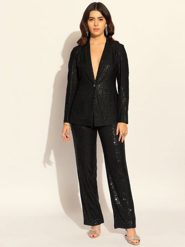 Black Sequined Single-Breasted Party Blazer With Trouser In Stretchable Fabric