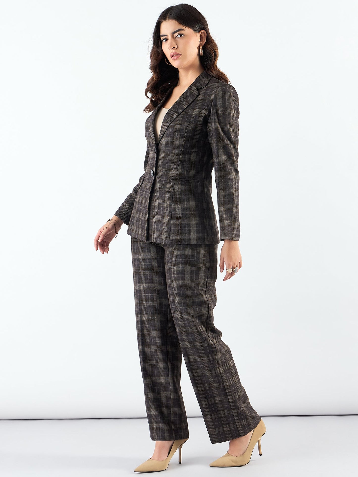 Brown Notched Lapel Tailored Fit Long Warm Checkered Blazer Paired With Trouser