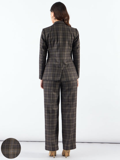 Brown Notched Lapel Tailored Fit Long Warm Checkered Blazer Paired With Trouser