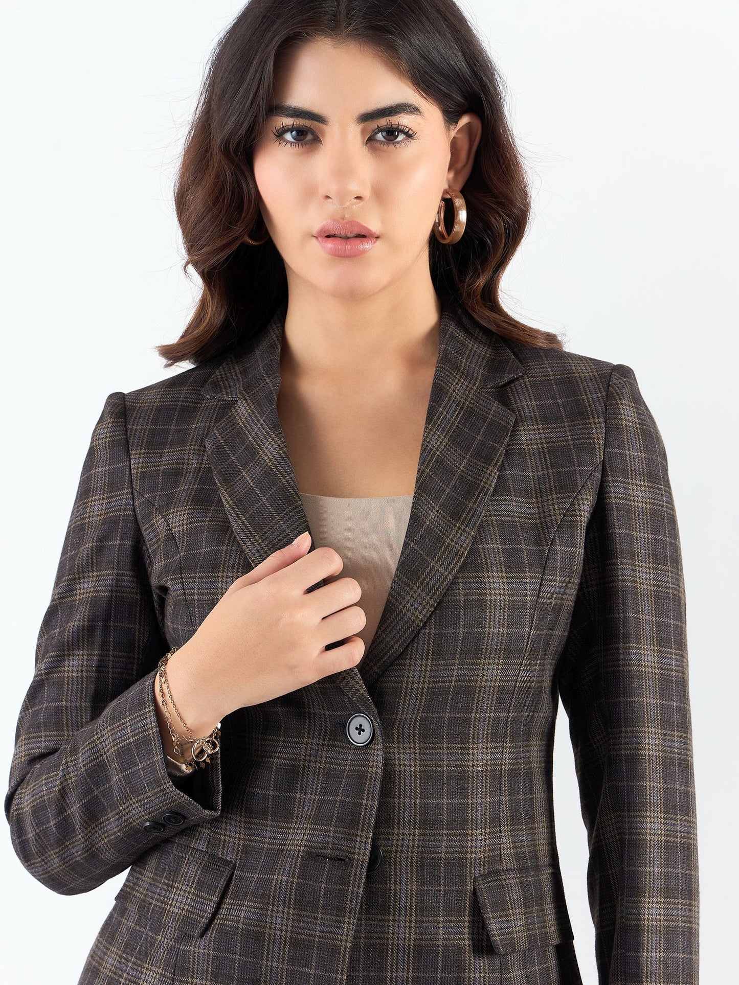 Brown Notched Lapel Tailored Fit Long Warm Checkered Blazer Paired With Trouser