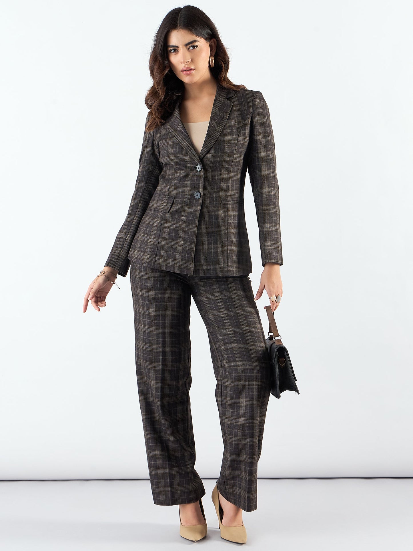 Brown Notched Lapel Tailored Fit Long Warm Checkered Blazer Paired With Trouser