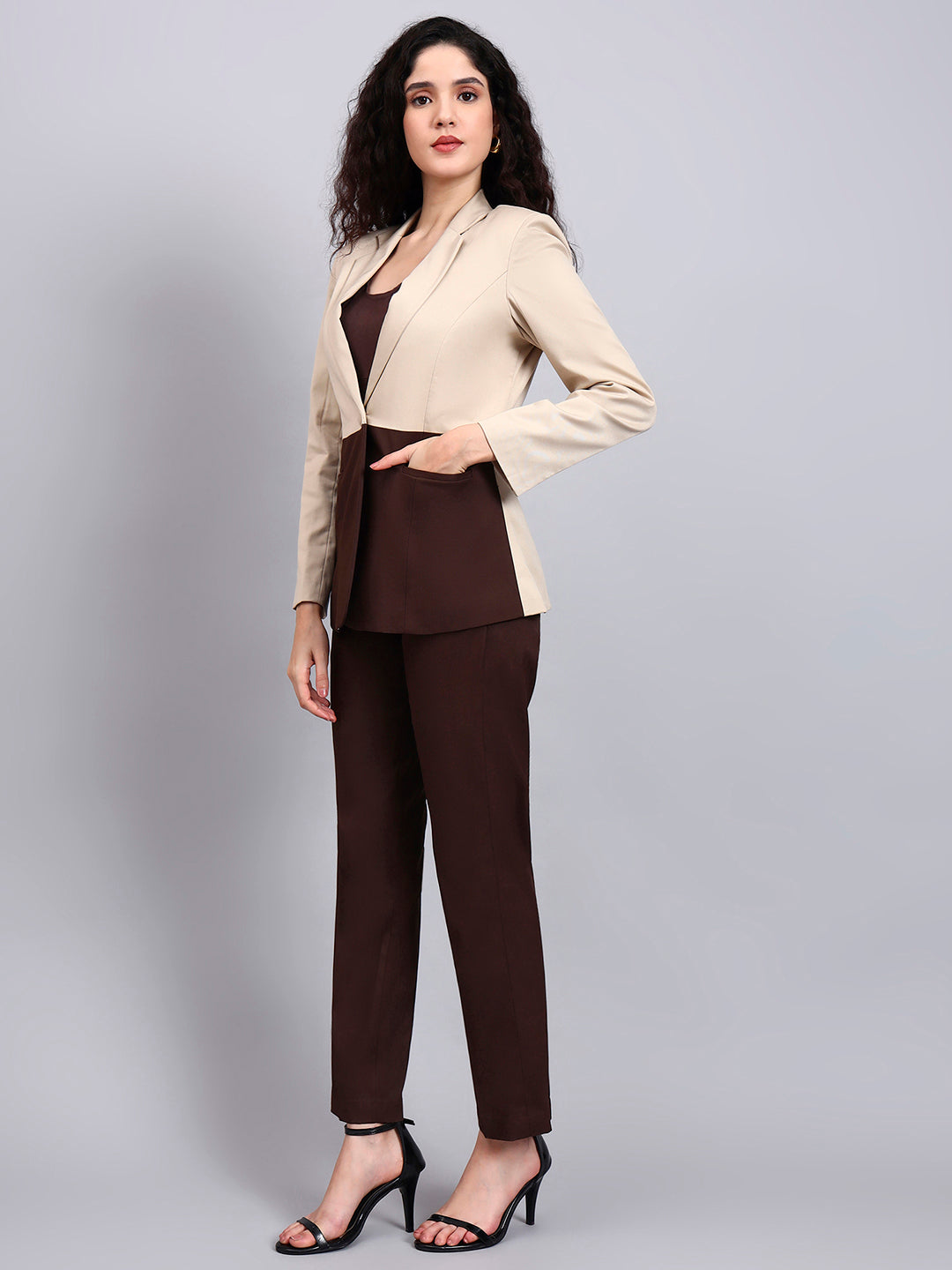 Powersutra Beige And Brown Color Block Suit Set