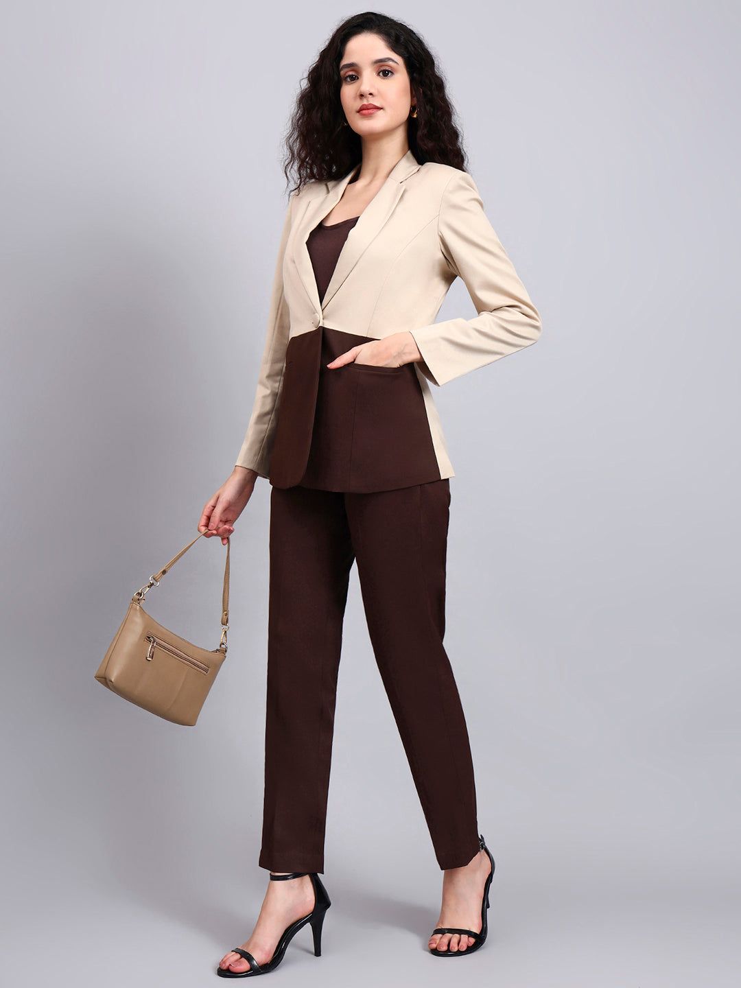 Powersutra Beige And Brown Color Block Suit Set