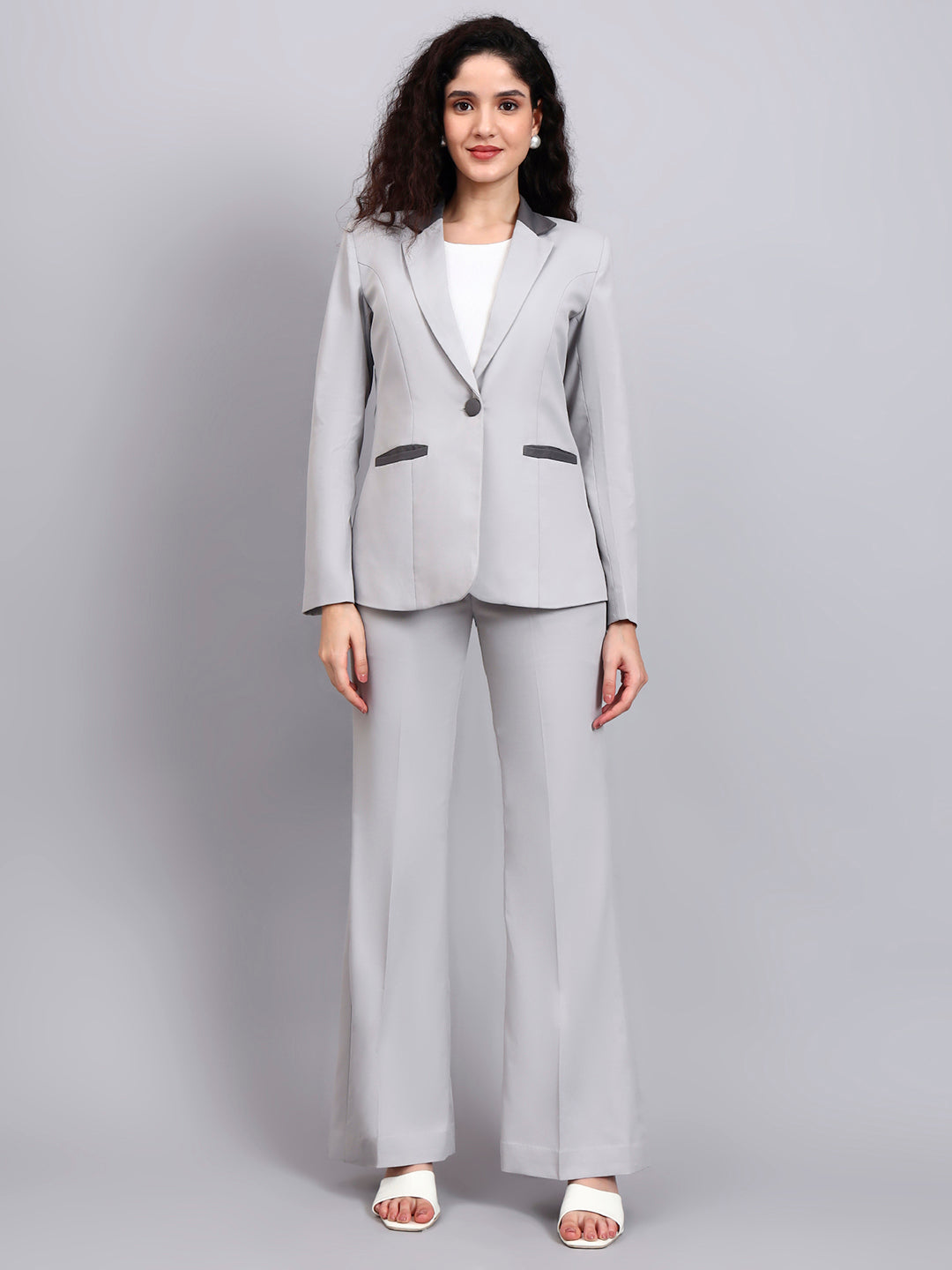 Powersutra Light Grey Power Suit With Sleek Contrast Detailing For Effortless Sophistication