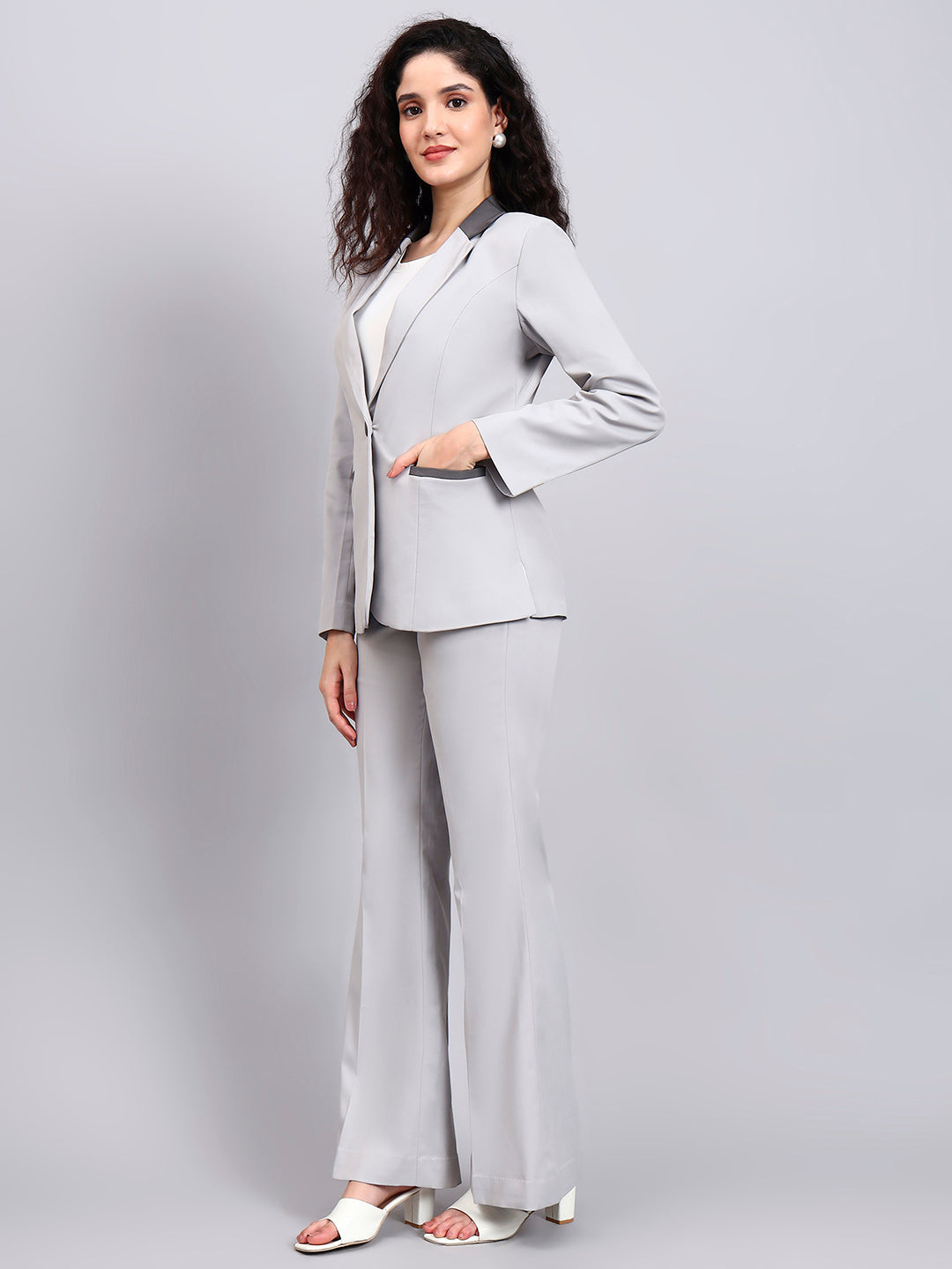 Powersutra Light Grey Power Suit With Sleek Contrast Detailing For Effortless Sophistication