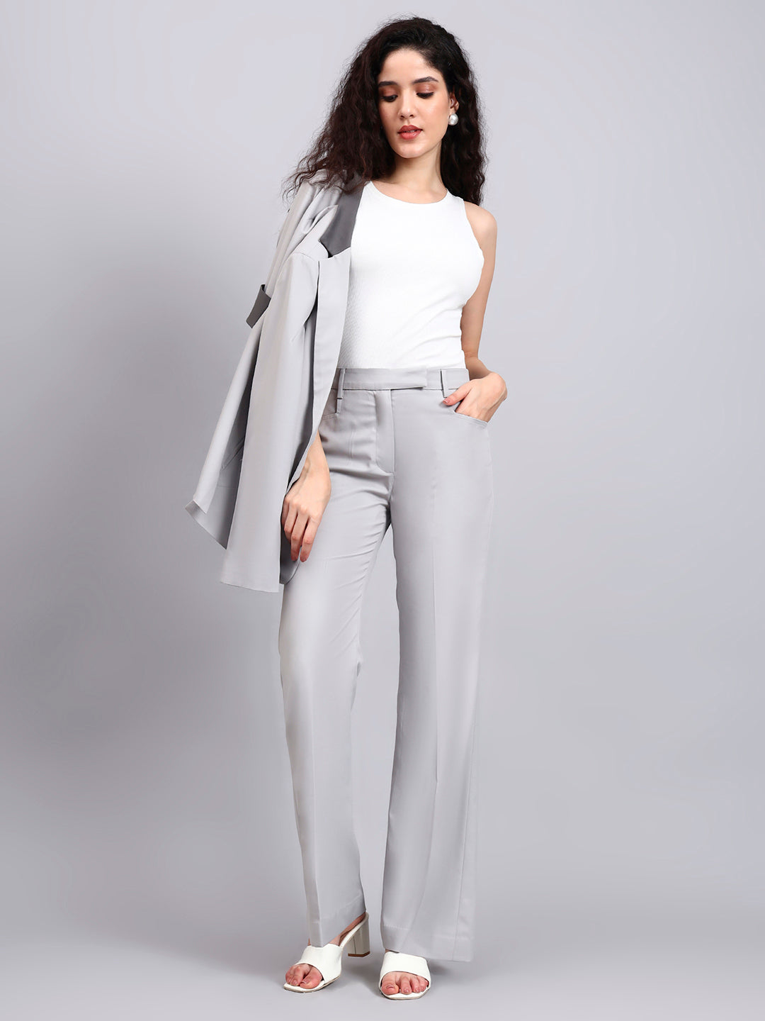 Powersutra Light Grey Power Suit With Sleek Contrast Detailing For Effortless Sophistication