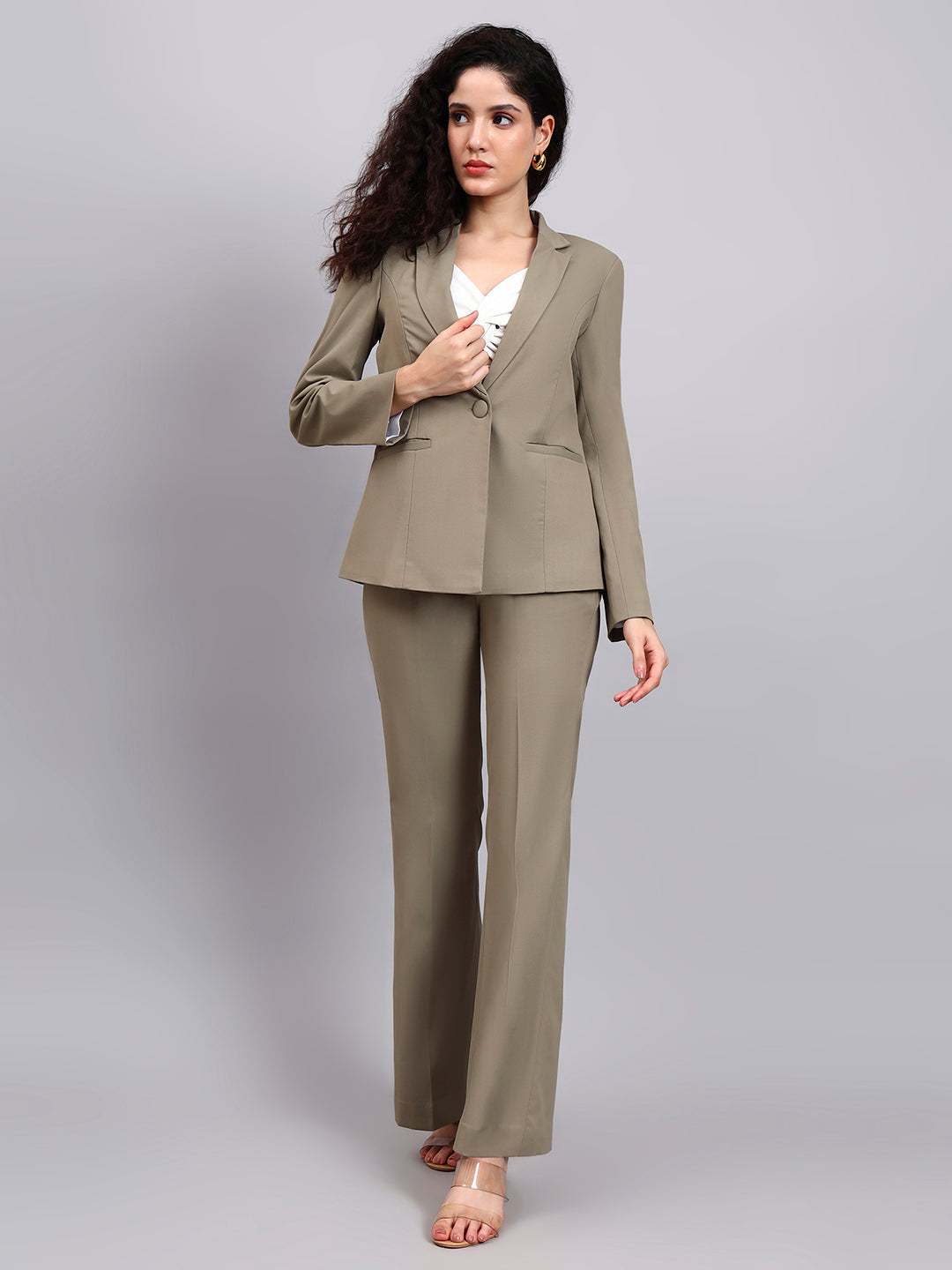 Powersutra Stretch-Fit Pastel Fern Green Power Suit With Sharp Notch Collar
