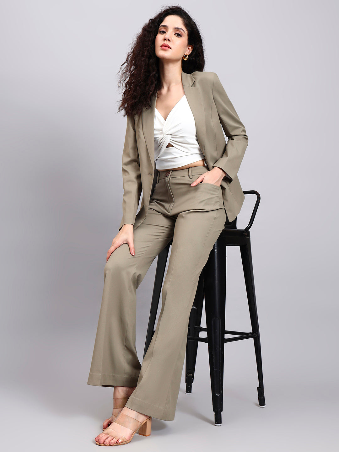 Powersutra Stretch-Fit Pastel Fern Green Power Suit With Sharp Notch Collar