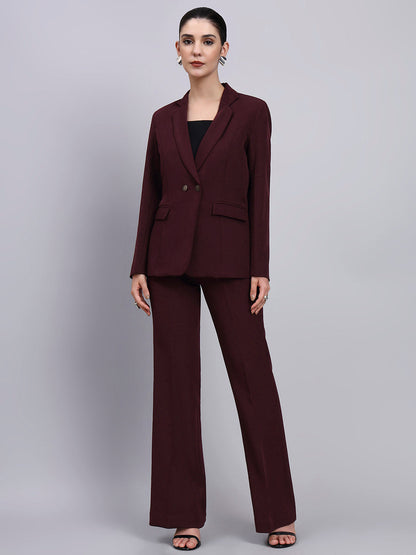 Powersutra Tailored Burgundy Blazer-Set Featuring Oxidized Buttons And Flared Pants