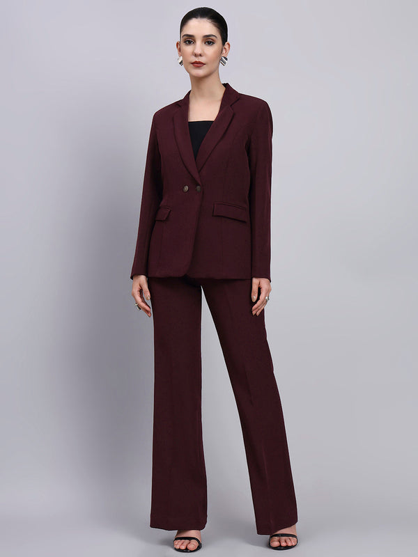 Powersutra Tailored Burgundy Blazer-Set Featuring Oxidized Buttons And Flared Pants