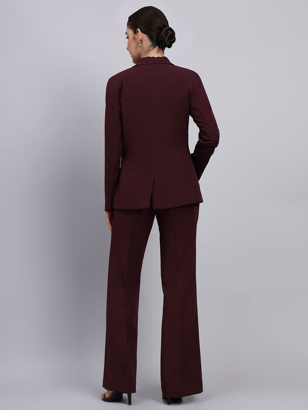 Powersutra Tailored Burgundy Blazer-Set Featuring Oxidized Buttons And Flared Pants