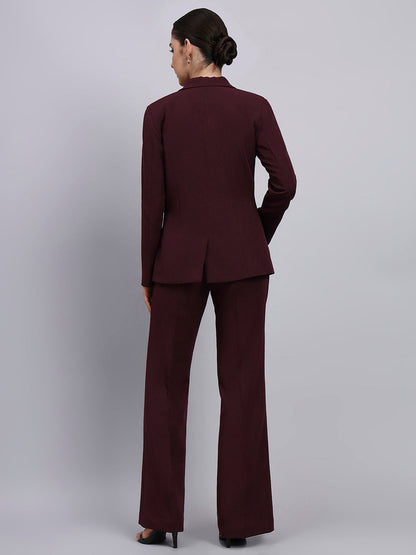 Powersutra Tailored Burgundy Blazer-Set Featuring Oxidized Buttons And Flared Pants