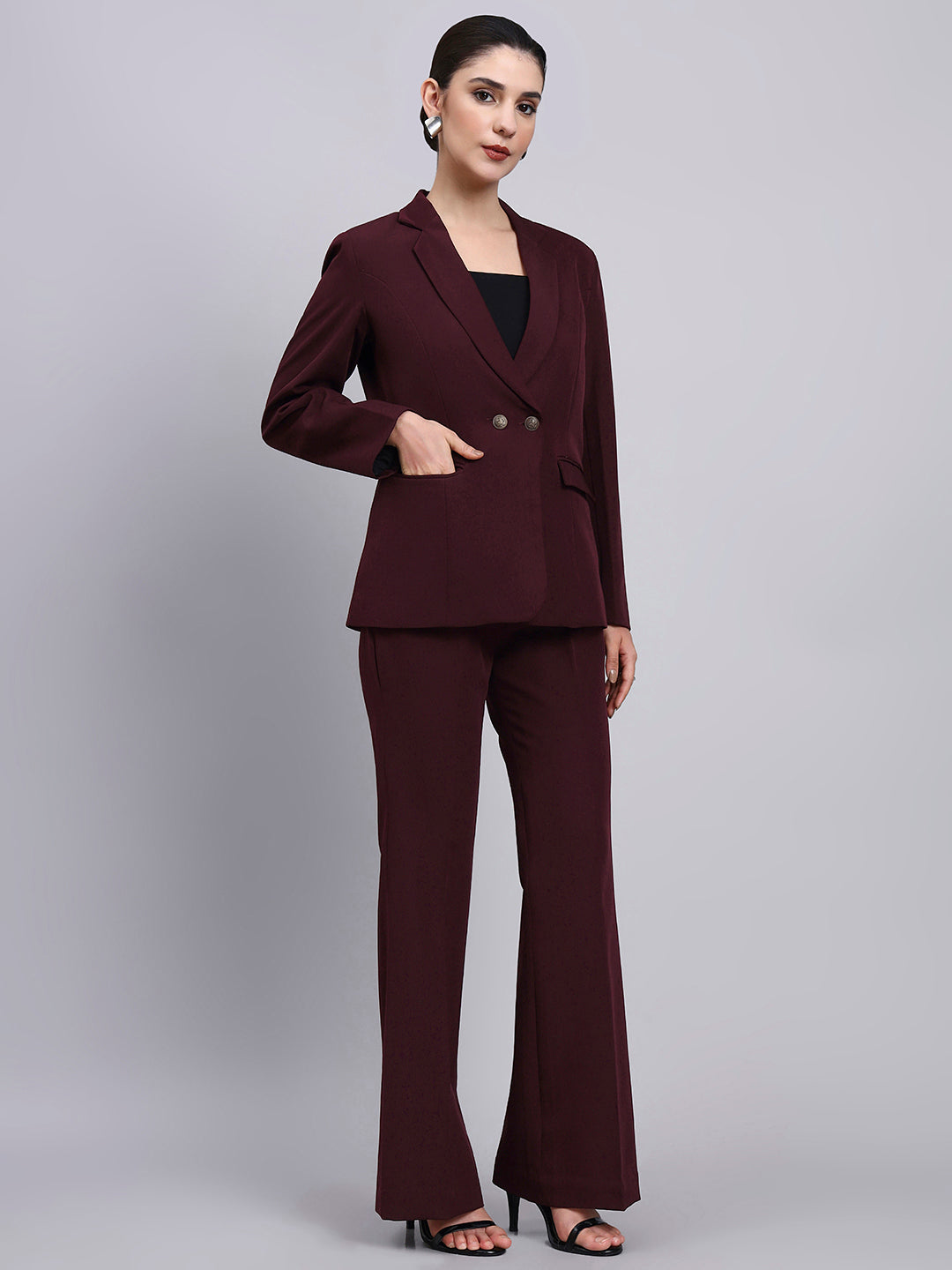 Powersutra Tailored Burgundy Blazer-Set Featuring Oxidized Buttons And Flared Pants