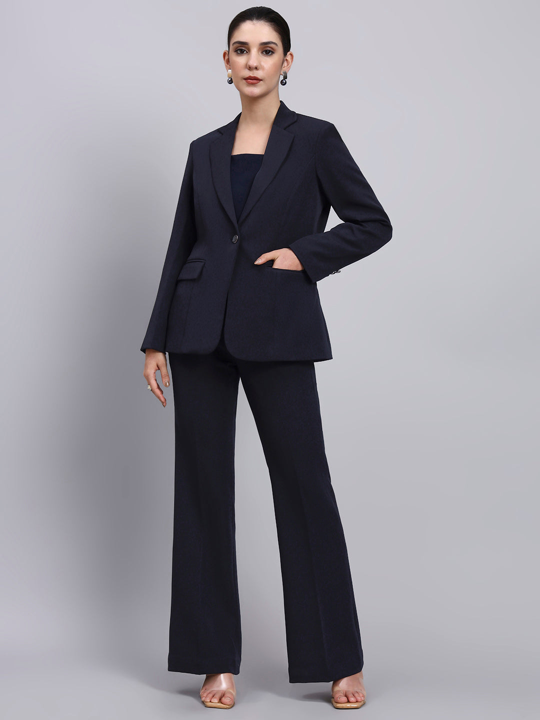 Powersutra Tailored Navy Blue Blazer-Set Featuring Silver Grey Buttons And Flared Pants
