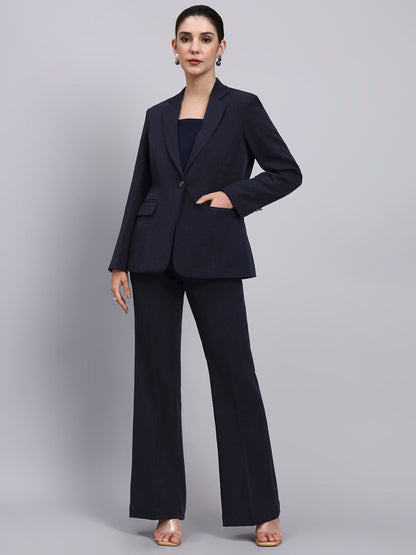 Powersutra Tailored Navy Blue Blazer-Set Featuring Silver Grey Buttons And Flared Pants