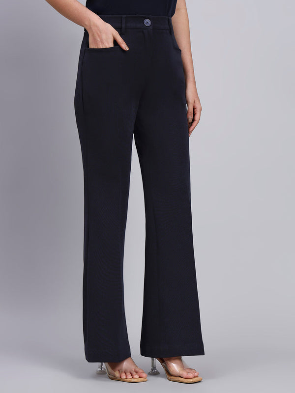 Powersutra Tailored Navy Blue Blazer-Set Featuring Silver Grey Buttons And Flared Pants