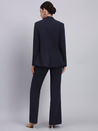 Powersutra Tailored Navy Blue Blazer-Set Featuring Silver Grey Buttons And Flared Pants