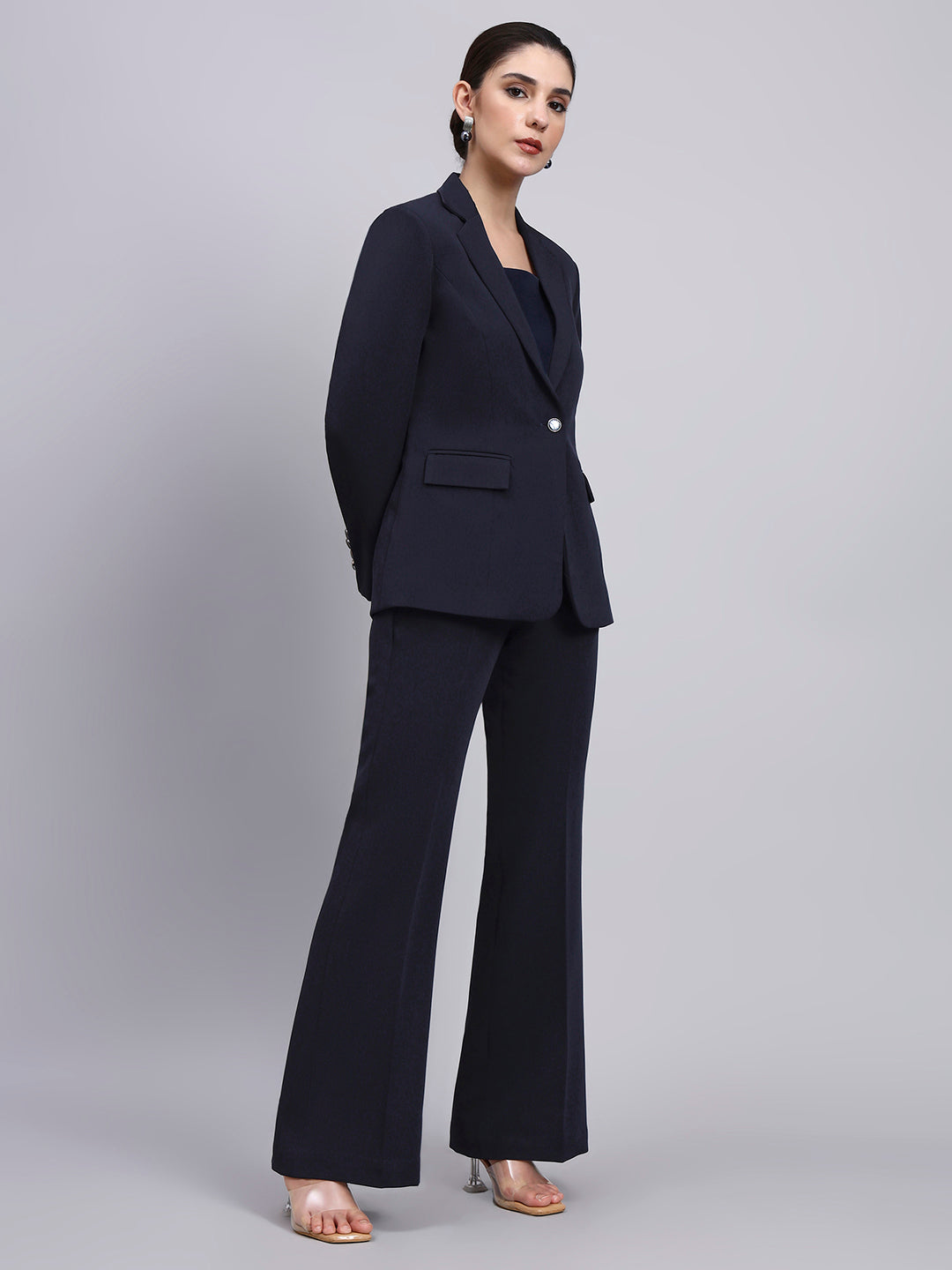 Powersutra Tailored Navy Blue Blazer-Set Featuring Silver Grey Buttons And Flared Pants