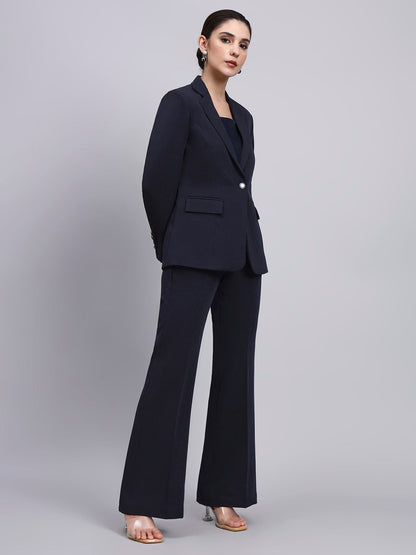 Powersutra Tailored Navy Blue Blazer-Set Featuring Silver Grey Buttons And Flared Pants