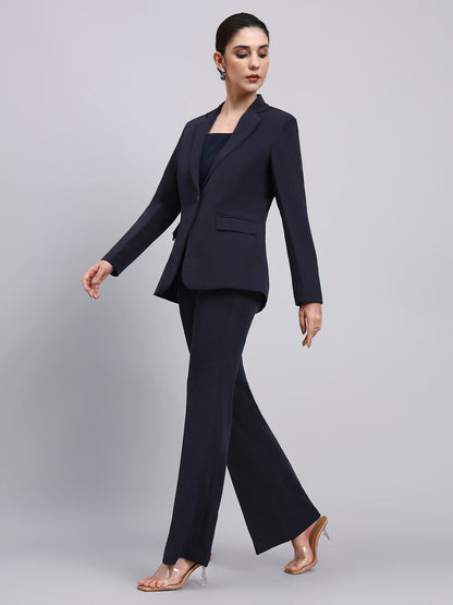 Powersutra Tailored Navy Blue Blazer-Set Featuring Silver Grey Buttons And Flared Pants