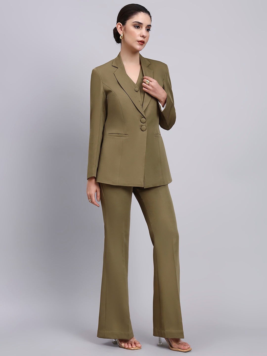 Powersutra Tailored Willow Green Blazer-Set 3Pc With Flared Pants