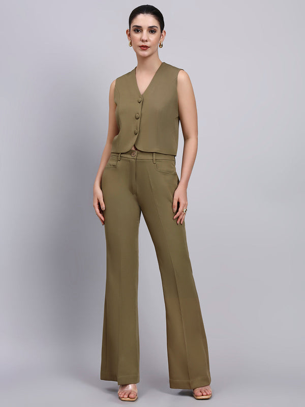 Powersutra Tailored Willow Green Blazer-Set 3Pc With Flared Pants