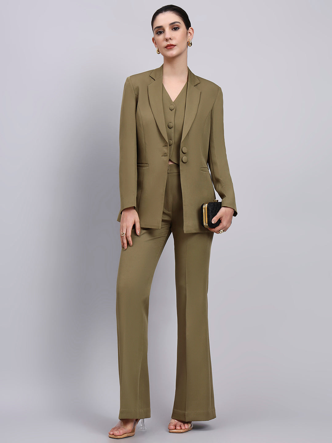 Powersutra Tailored Willow Green Blazer-Set 3Pc With Flared Pants