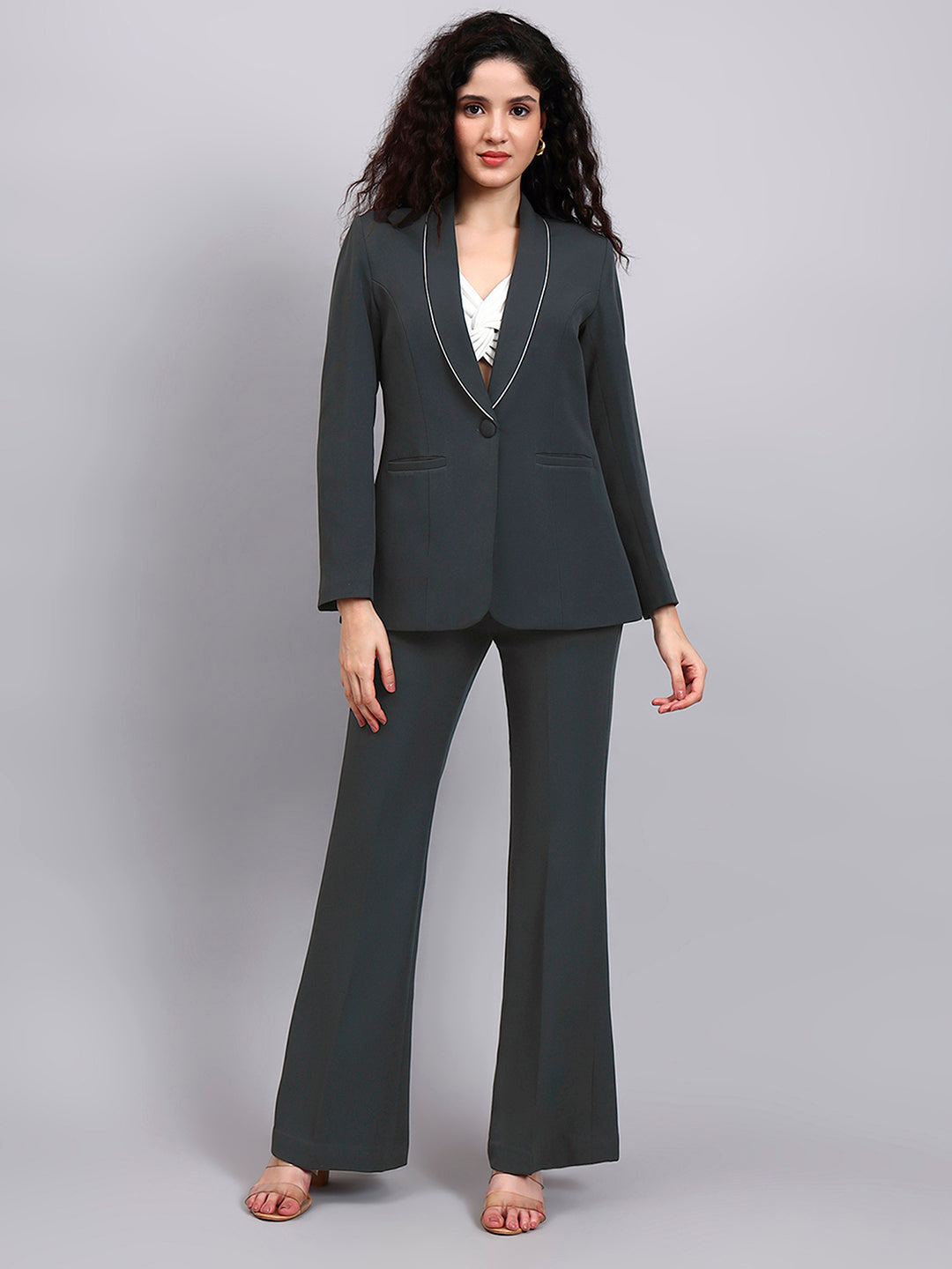 Powersutra Dark Grey Shawl Collar Tailored Suit Set With Bell Bottom Trousers