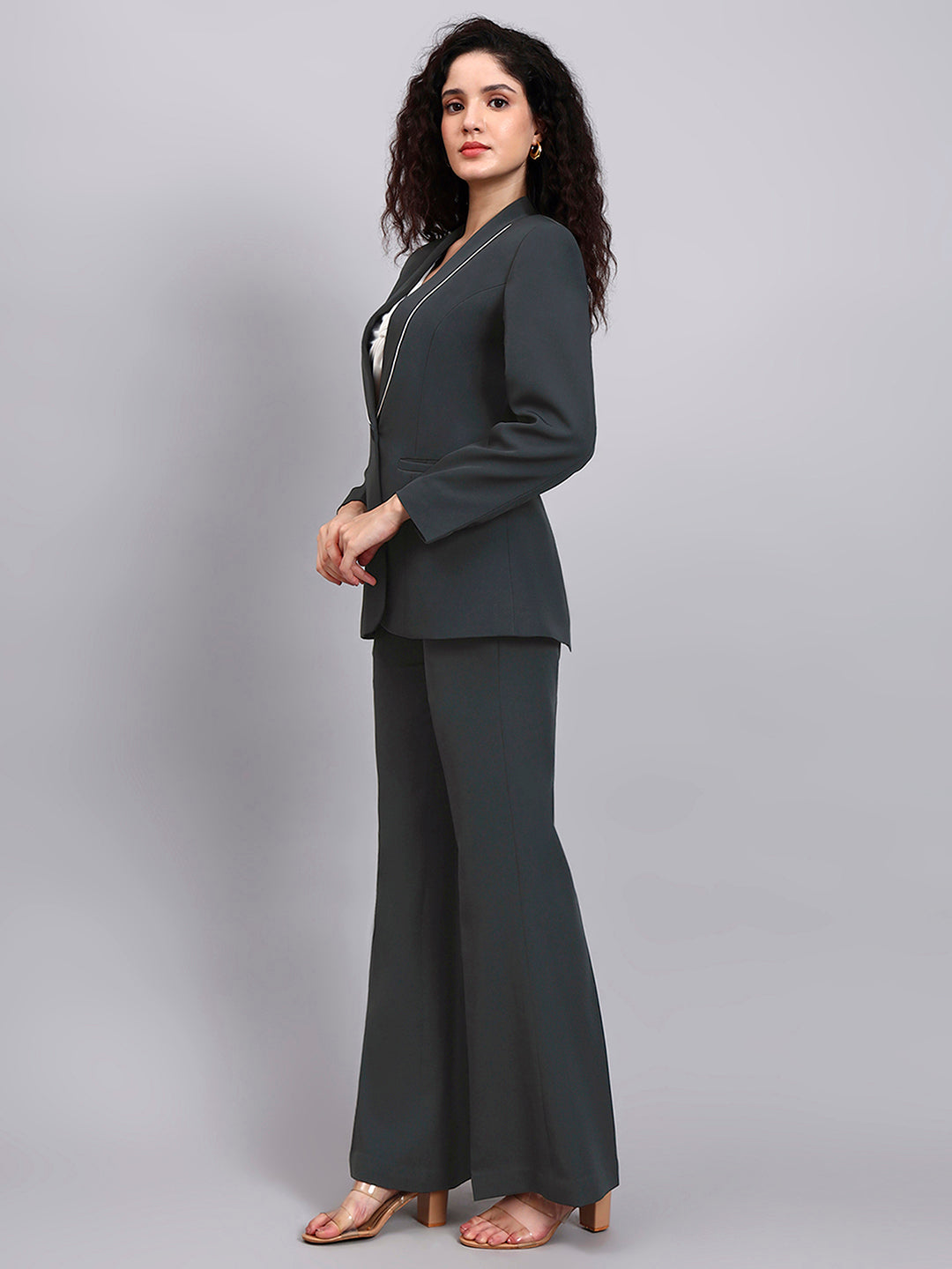 Powersutra Dark Grey Shawl Collar Tailored Suit Set With Bell Bottom Trousers