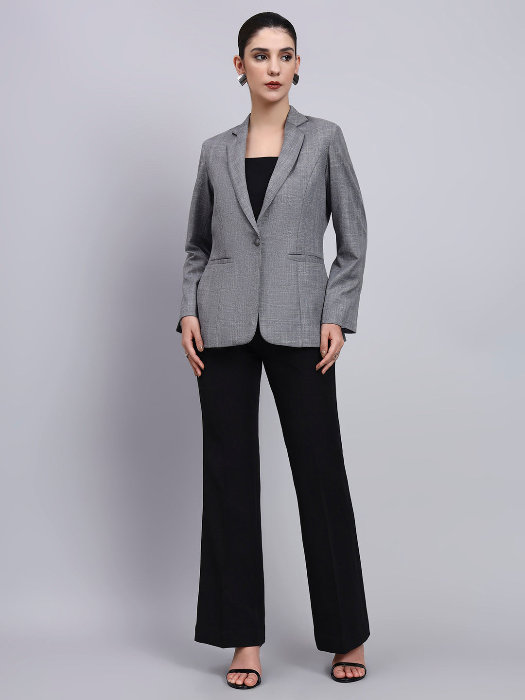 Powersutra Tailored Grey Blazer-Set With Contrast Flared Pants
