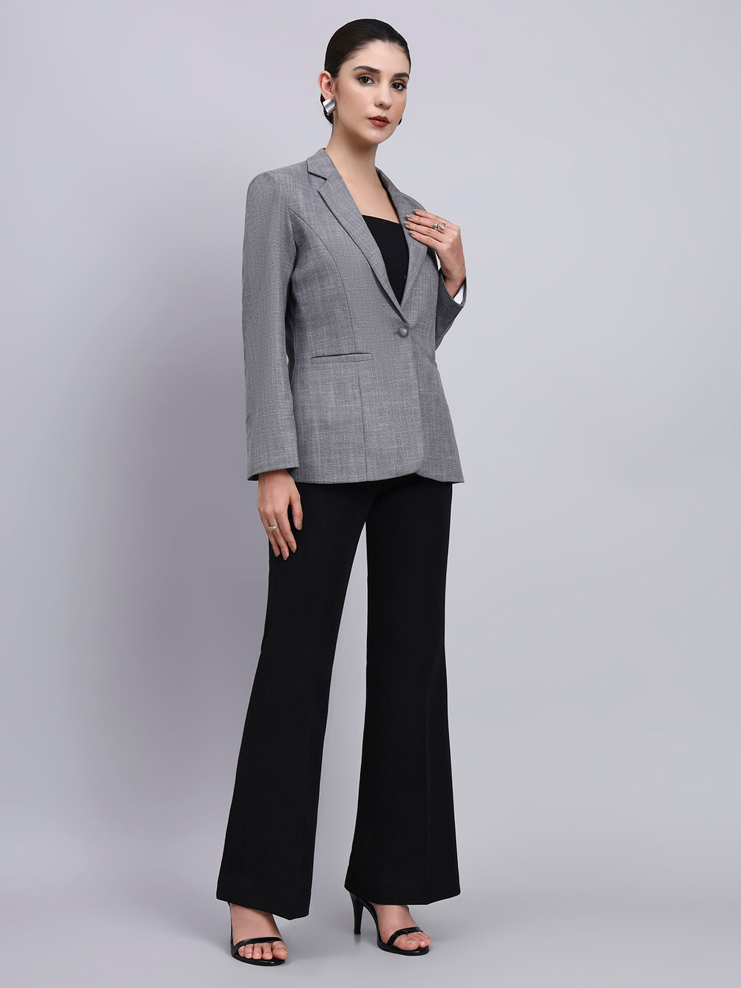 Powersutra Tailored Grey Blazer-Set With Contrast Flared Pants