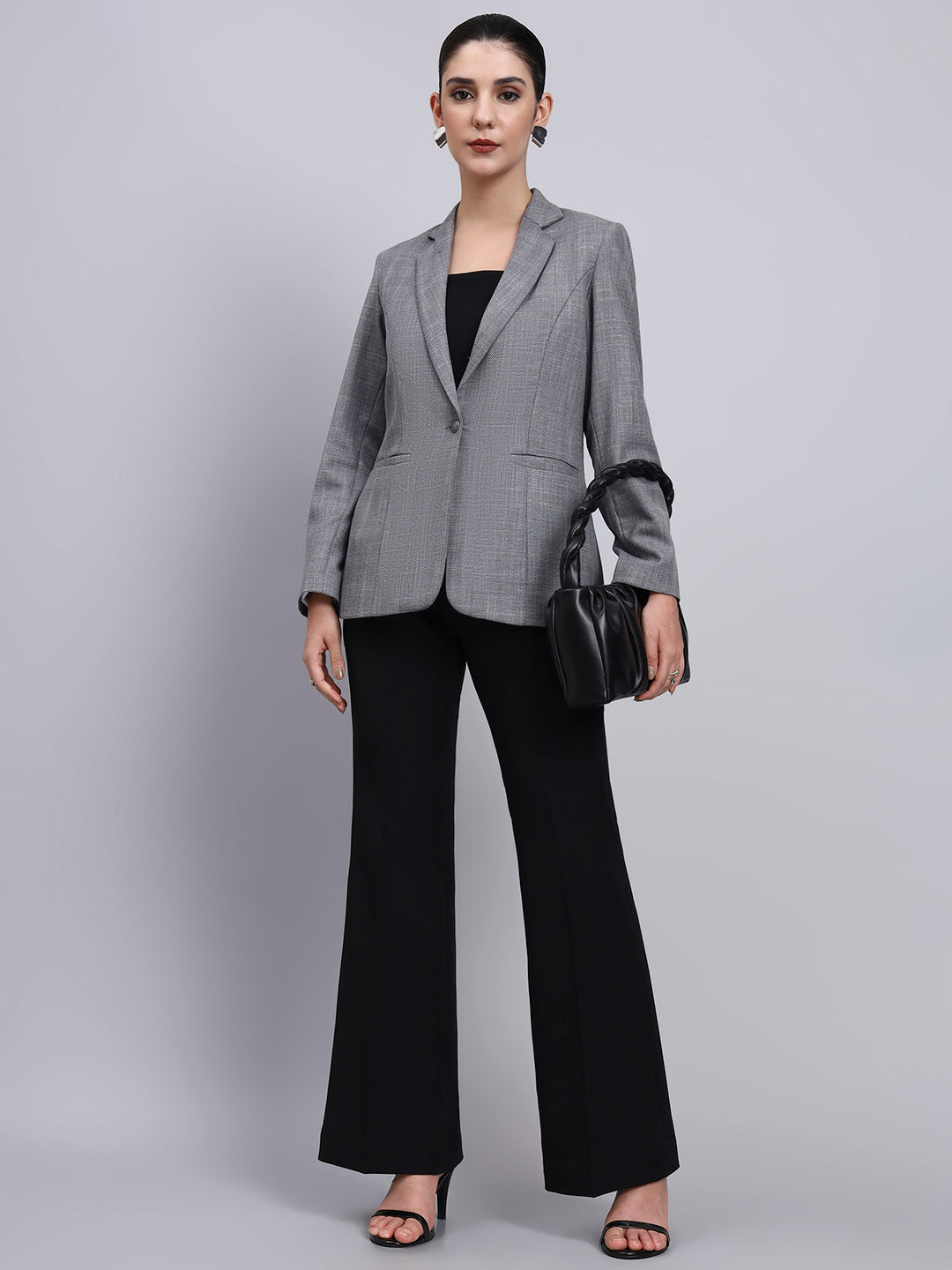 Powersutra Tailored Grey Blazer-Set With Contrast Flared Pants