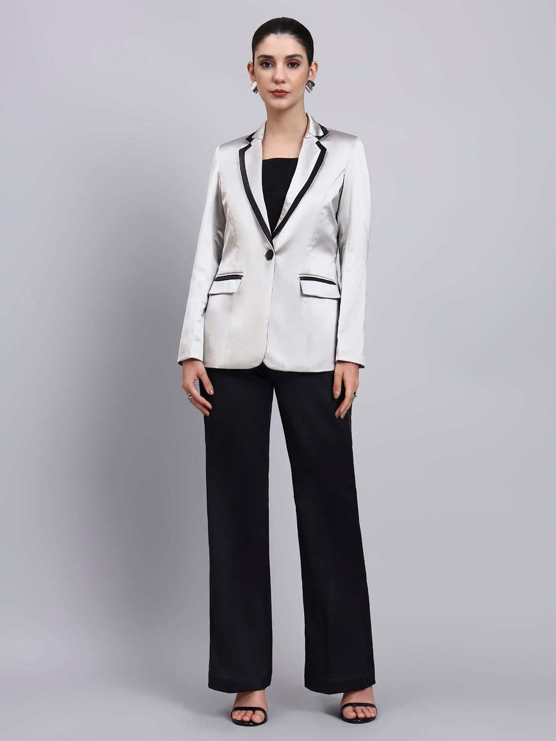 Powersutra Silver Satin Blazer-Set With Black Trim Detailing