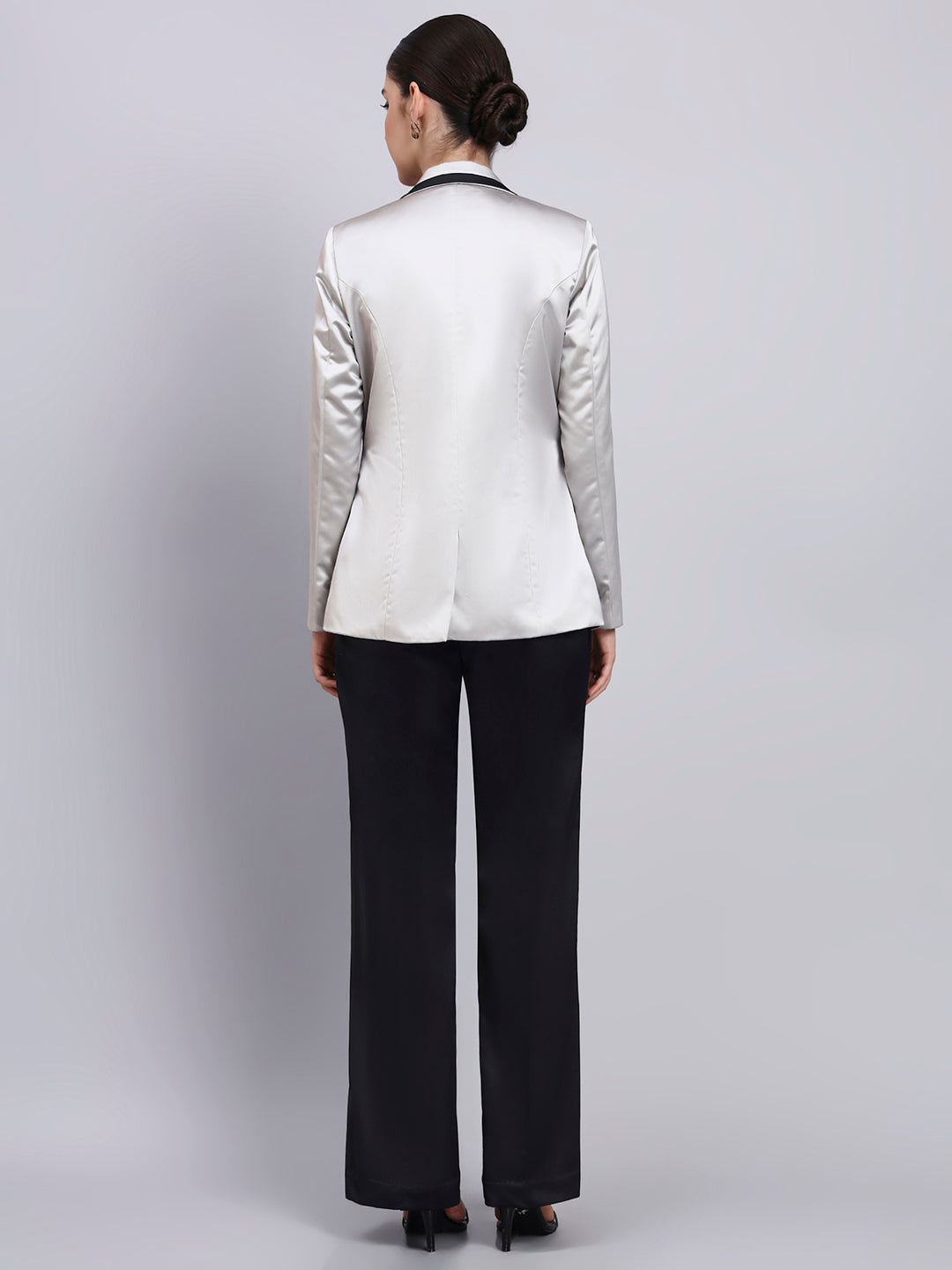 Powersutra Silver Satin Blazer-Set With Black Trim Detailing