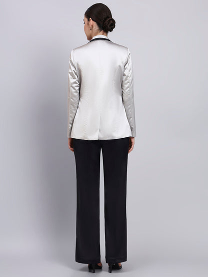 Powersutra Silver Satin Blazer-Set With Black Trim Detailing