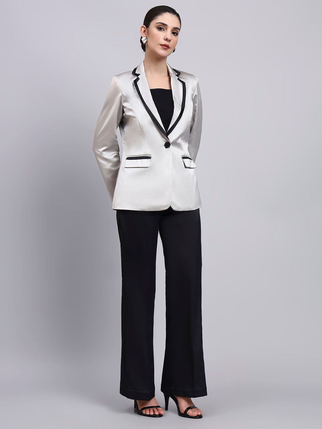 Powersutra Silver Satin Blazer-Set With Black Trim Detailing